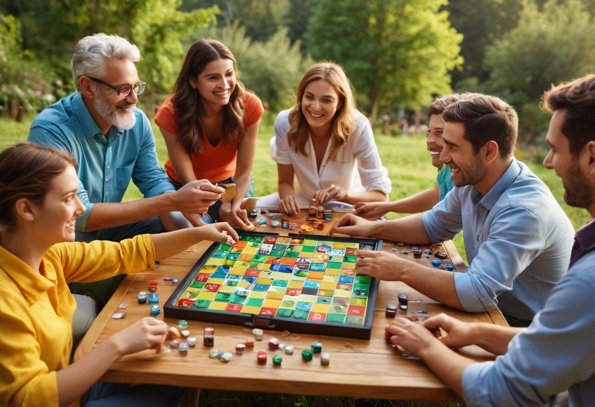 A lively scene depicting people of various ages engaged in diverse interactive entertainment activities, such as playing board games, video games on screens, and participating in an outdoor team-building activity. The backdrop showcases a mix of colorful game elements, like dice and cards, blending into a strategic gaming board. Include dynamic expressions of excitement and collaboration among friends and family. vibrant colors. super-realistic. 3D.