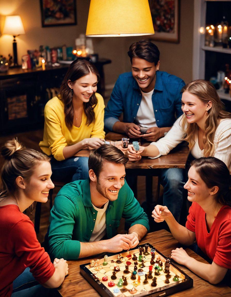 A lively scene depicting a cozy game night with couples and friends enjoying various romantic and multiplayer games. The setting includes board games on a table, video game consoles with colorful screens, and a warm ambiance with fairy lights. Include characters of diverse backgrounds laughing and having fun, while surrounded by snacks and drinks. Emphasize an atmosphere of friendship, love, and excitement. vibrant colors. super-realistic.