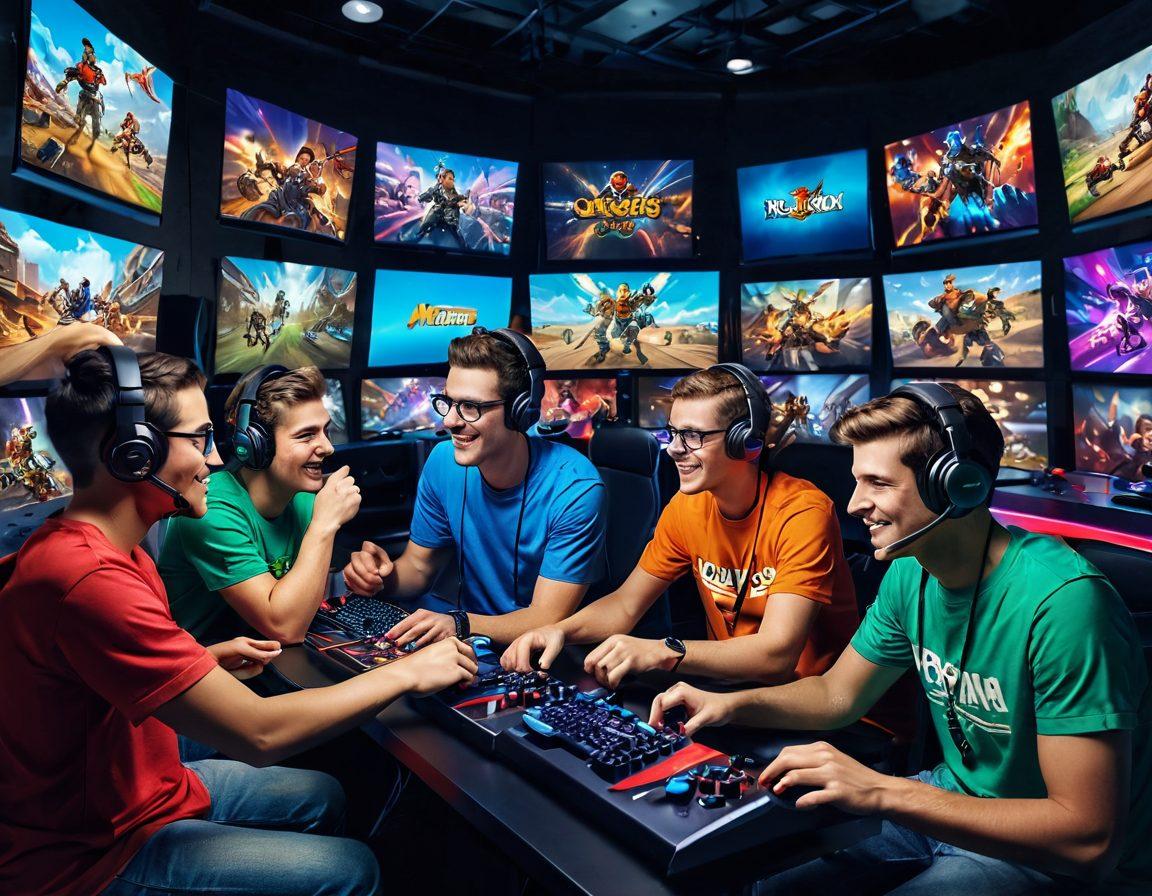 A lively gaming scene depicting diverse gamers of all ages enjoying various multiplayer games together, surrounded by colorful game controllers and screens displaying vivid game worlds. In the background, show elements of collaboration and competition, like teamwork and friendly rivalry. Use dynamic poses and expressions to convey excitement and joy. Include a vibrant aesthetic with playful colors reflecting the thrill of gaming. super-realistic. vibrant colors. 3D.